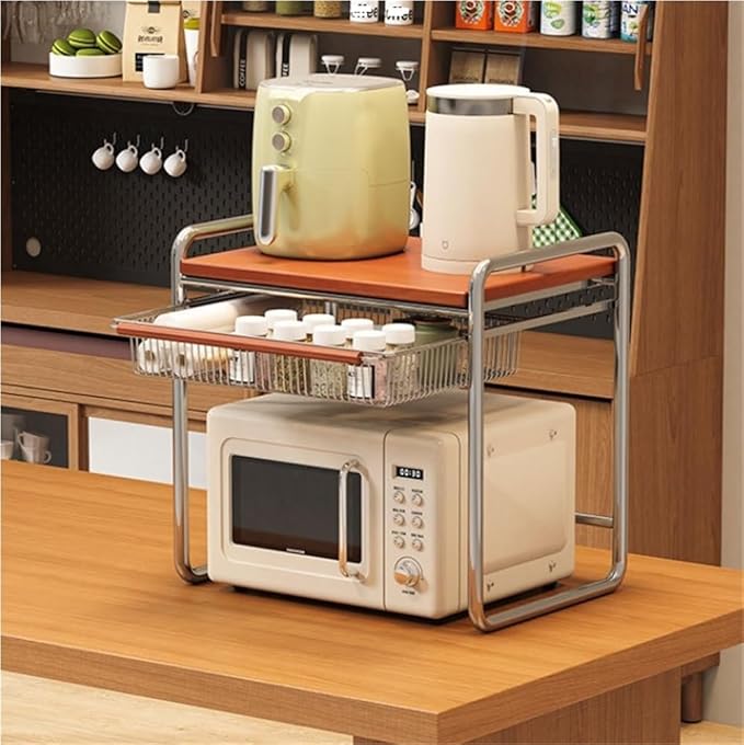 Multifunctional Microwave Stand with Storage, Solid Wood Spice Rack, Kitchen Countertop Organizer Shelf for Rice Cooker, Oven, Air Fryer and Seasoning(48cm/18.9in)