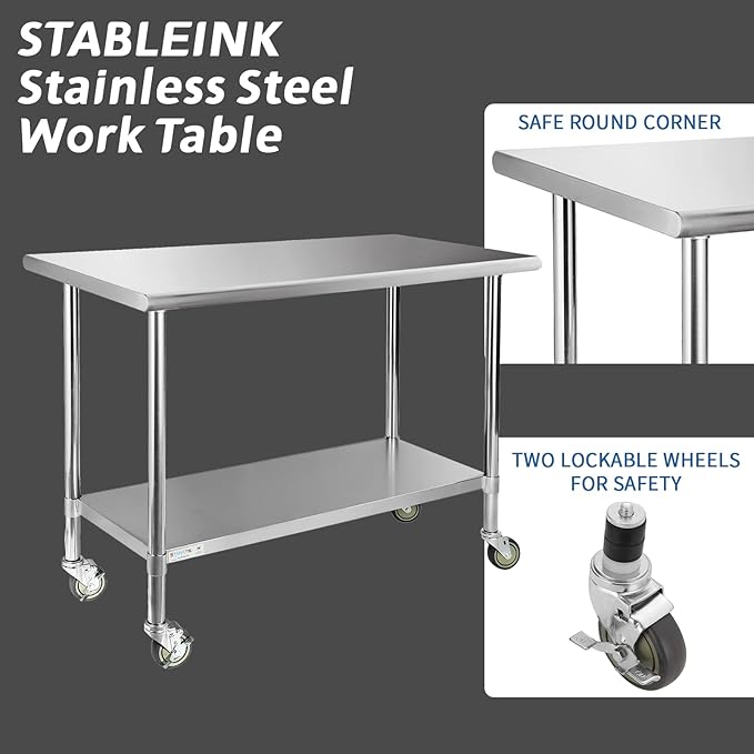 STABLEINK Stainless Steel Table with Wheels 24 x 60 Inches 5ft, NSF Commercial Prep & Workbench with Adjustable Undershelf and Casters, for Commercial Kitchen, Restaurant, Hotel,Laundry and Garage