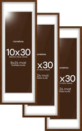 Homeforia 10x30 Picture Frame Brown, High End Dark Oak 10x30 Walnut Wood Poster Frame with Mat 8x24 Print, 10 x 30 Wooden Frame Matted to 8 x 24 Photo, 30x10 Frames, Tempered Glass, Wall Kit, Set of 3