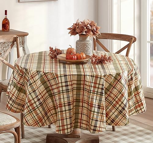 Newbridge Thanksgiving Diagonal Plaid 70 Inch Round Vinyl Fall Tablecloth