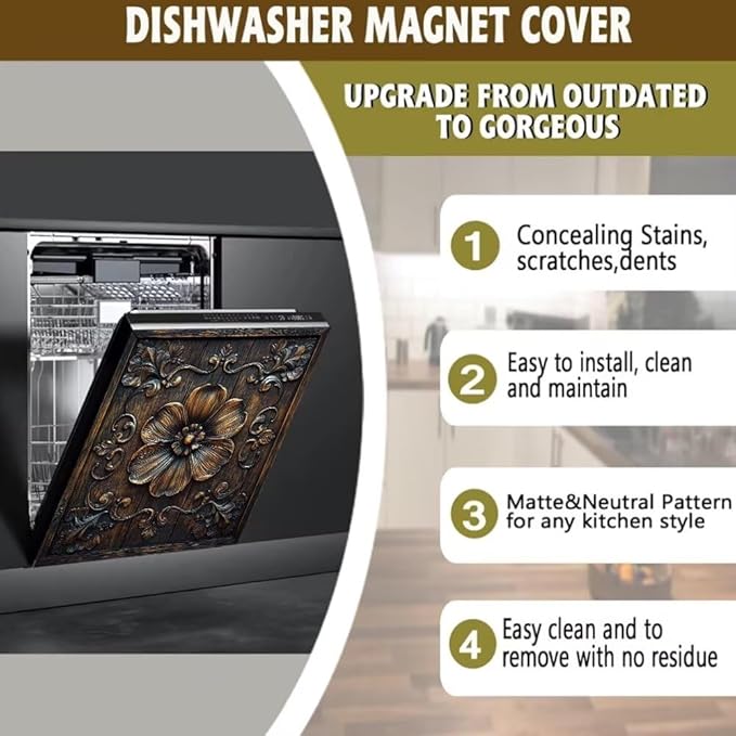 Flower Carved Wood Magnetic Dishwasher Cover Vinyl Sticker,Vintage Wooden Floral Dishwasher Magnet Cover,Rustic Wood Fridge Door Cover Magnets Art Skin Panel Decal for Home Decor, 23"X26"