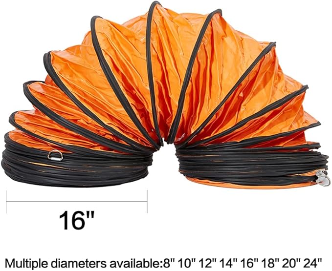 PVC Flexible Duct Hose, HVAC Duct Hosing Flame Retardant for Ventilator Utility Blower Fan with Adjustable Rope and D-Ring, Easy Storage (16inx25ft)
