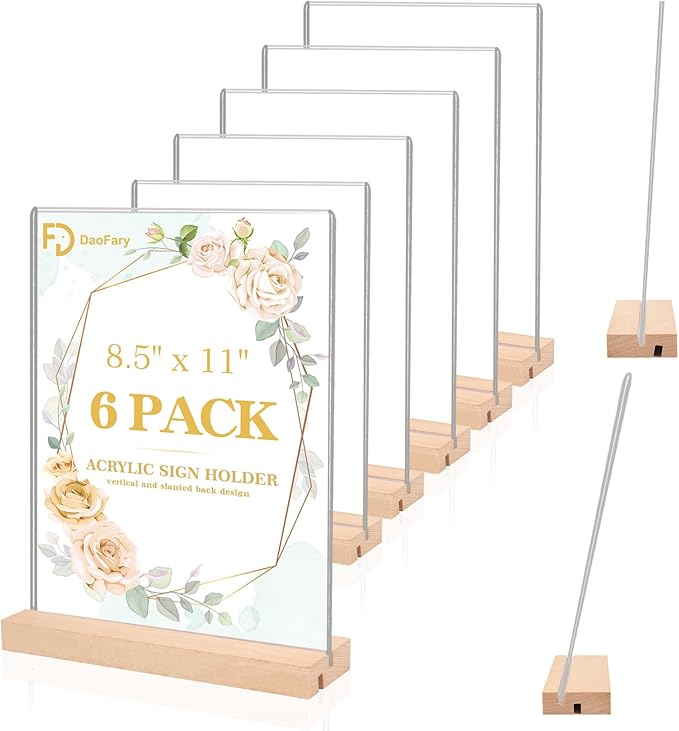 Daofary 6 Pack Acrylic Sign Holder 8.5 x 11, L/T Shape Double Sided wood Picture Frame Stand up Table Top Sign Holders, Clear Display Stand Menu Flyer Holder for Wedding Party (Provide Non slip Mats)