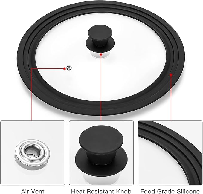 Universal Lid for Pots, Pans and Skillets, Tempered Glass Lid fit 10", 11", 12" Skillets, Pots, Frying Pans, Cast Iron, Crock Pot and Other Glass Covers Replacement