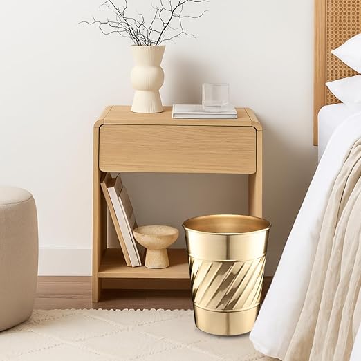 Monarch Abode Metal Bathroom Trash Can – Waste Basket for Bedroom, Office Desk, & Dorm, Handcrafted Wave Embossed, Durable Decorative Brushed Gold Small Trash Can Bathroom Garbage Bin Wastebasket