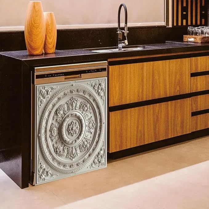 2D Flat White Ornamental Floral Round Pattern Dishwasher Magnetic Cover 23x26 InchClassic Relief Design Universal Appliance Magnet for Kitchen Decor