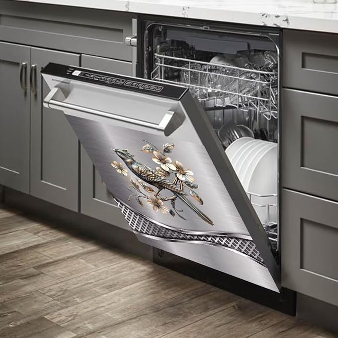 Imitation Stainless Steel Design Bird Painting Dishwasher Magnet Cover Panel Magnetic Refrigerator Cover Sticker for The Front Door Cover,23W x 17H inchs