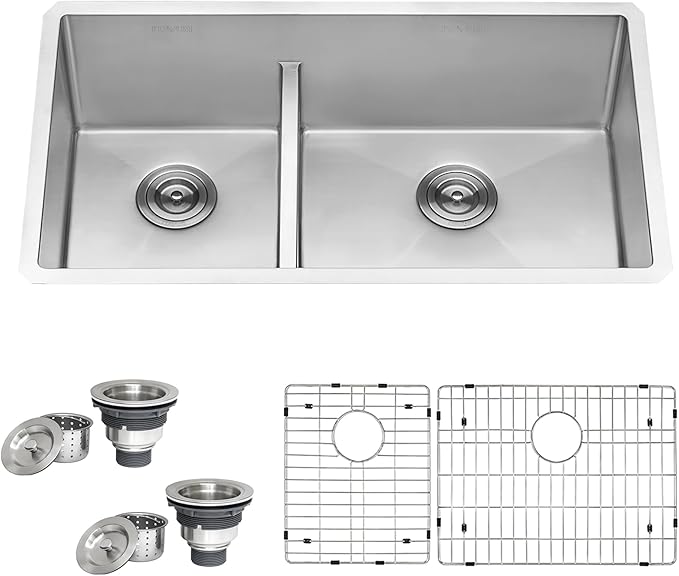 Ruvati 33-inch Low-Divide Rounded Corners Undermount Kitchen Sink - 40/60 Double Bowl Kitchen Sinks - 16 Gauge Stainless Steel Kitchen sink with Brushed Finish hides scratches - RVH7418