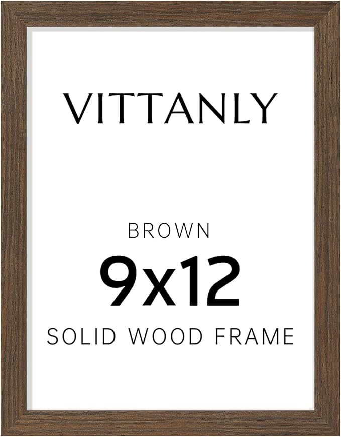 Vittanly 9x12 Picture Frame, Solid Wood Frame with Plexiglass, Includes 6x8 Mat, Wall Hanging or Tabletop for Photos, Home Decor, Brown, 1 Pack
