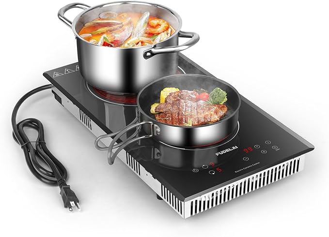 2 Burners Electric Cooktop, Portable Ceramic Cooktop with 9 Power Levels & Timer, 1800W 120V, Child Safety Lock, Built-in/Countertop Use, RV Camping, Safety Auto Shutoff, UL Certified Plug