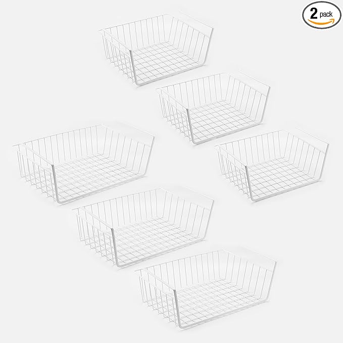 Under Shelf Basket, Hanging Storage Baskets Add-on Storage Racks, Slide-in Baskets Organizer for Kitchen Pantry， Desk Bookshelf, Cabinet and Drobe. (White, Mixed)
