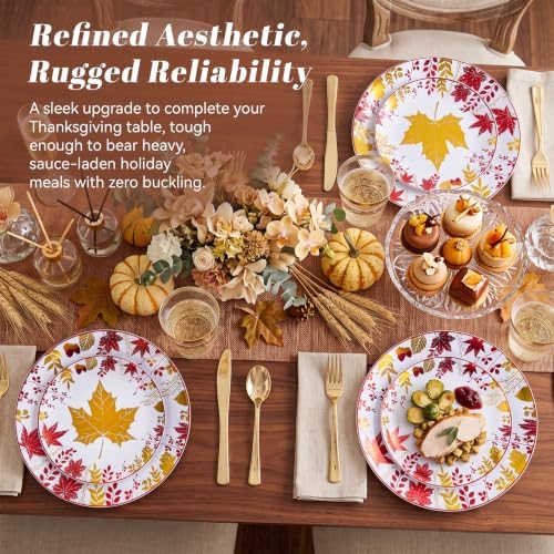 KIRE 150PCS Thanksgiving Plates Dinnerware Maple Leaves - Plastic Thanksgiving Plates with Gold Silverware Include 25Dinner 25Salad 25Forks 25Knives 25Spoons 25Gold Cups