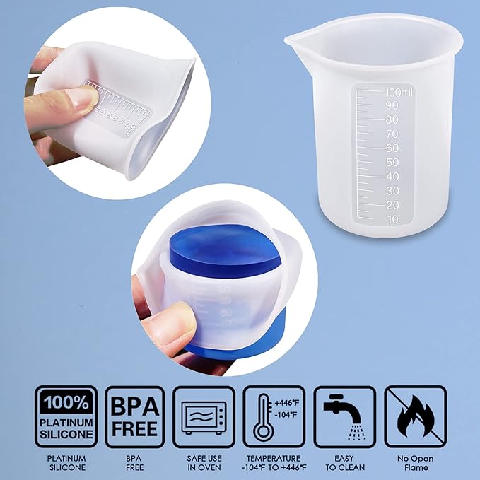 Moukiween 10pcs Silicone Measuring Cups for Resin,100ml Mixing Cups for Resin DIY Craft Jewelry Making Paint Pouring Cup, Non-Stick Clearer Precise Scale Reusable