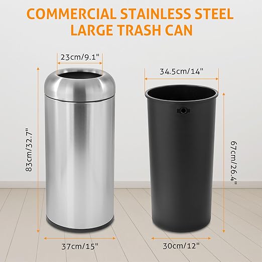 WICHEMI 16 Gallon Commercial Large Trash Can, Bullet Outdoor Trash Bin with Open Top Lid, Brushed Stainless Steel Garbage Can, Bright Silver