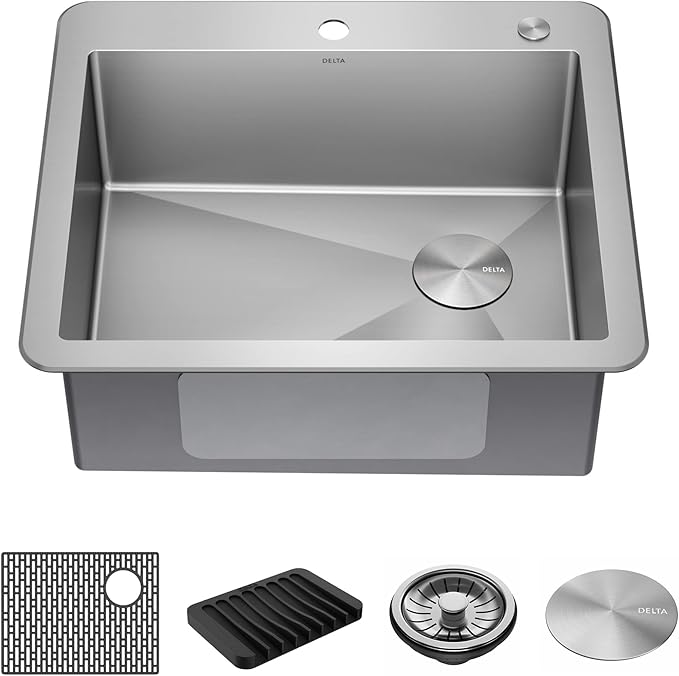 DELTA FAUCET Delta Marca 25 Inch Drop-In Undermount Stainless Steel Single Bowl Kitchen Sink with Accessories