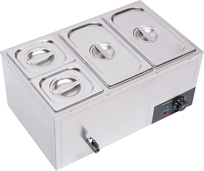 DYNAMI 110V 850W Commercial Buffet Food Warmer,Large Capacity 4 Pan(7.4QT*2+3.2QT*2) Stainless Steel Electric Countertop Steam Table with Intelligent Thermostat Design,for Parties Buffet Catering
