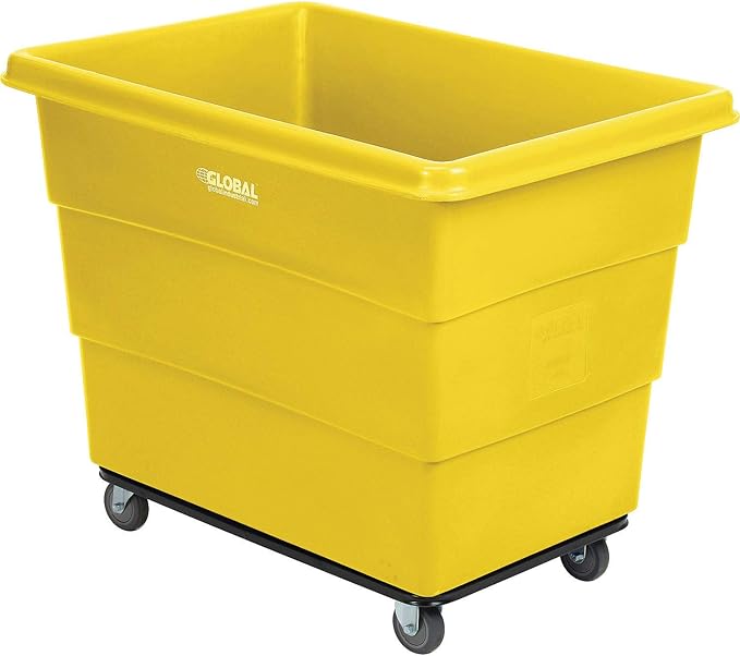 Global Industrial 16 Bushel Plastic Bulk Box Truck, Steel Chassis Base, 1000 lbs. Capacity, 4" Non-Maring Rubber Casters, Yellow, 42-3/5"L x 30" W x 35-3/5"H