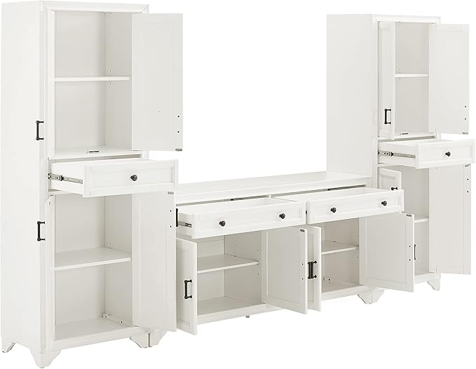 Crosley Furniture Tara 3-Piece Modern Farmhouse Sideboard Buffet Cabinet and Kitchen Storage Pantry Set, Distressed White