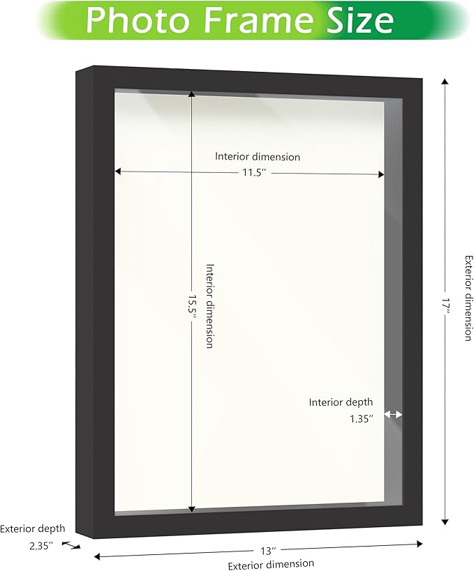 FrameWorks 12” x 16” Black Wooden Shadow Box Frame – Display Case with Soft Felt Back, Memory Box with Tempered Glass, Display Box with Elegant White Ball Push Pins, Wooden Flower Box