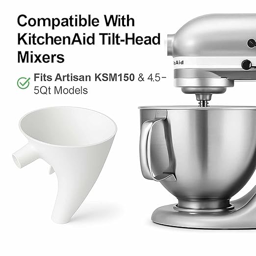 Flour Funnel for Kitchen Aid Mixer, Easy Pour No-Mess Attachment, Anti-Splash Accessory, Fits Tilt-Head 4.5–5 Qt (KSM150), Durable Dishwasher-Safe Baking Tool (Red)