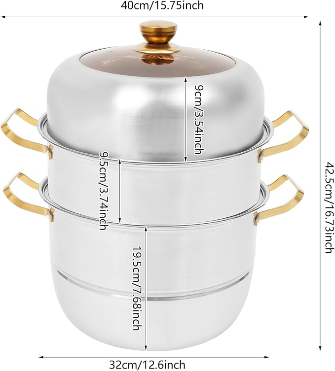 3-Tier Food Steamer Pot for Cooking, Stainless Steel Steamer Pot with Lid, Stackable Steaming Pots for 4-6 People, Steam Cooker Cookware for Dumpling Seafood, Compatible with Gas Stove (12.6 Diameter)