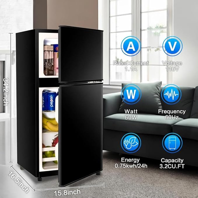 Anukis Compact Refrigerator 3.2 Cu Ft 2 Door Mini Fridge with Freezer for Apartment, Dorm, Office, Family, Basement, Garage - Black