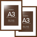 Homeforia A3 Picture Frame Brown Wood, High-End Dark Oak 11.7 x 16.5 Poster Walnut Frames Matted to 8.3 by 11.7 inch Photo, A3 Size Wooden Frame with Mat for A4 Art, Tempered Glass, Wall Kit, Set of 2