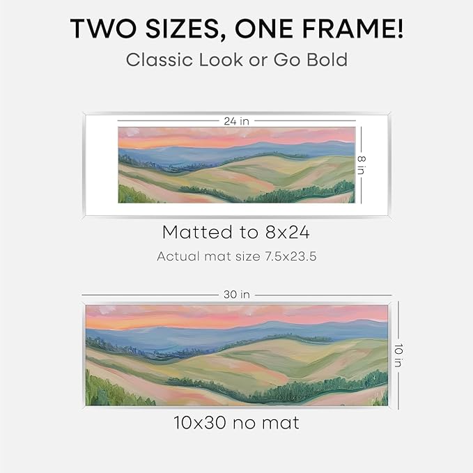 Homeforia 10 x 30 Picture Frame Silver, High End Metal 10x30 Poster Frames with Mat 8x24 Photo, 10 x 30 Silver Frames Matted to 8 x 24 Print, 30by10 Panoramic Frame, Tempered Glass, Wall Kit, Set of 1