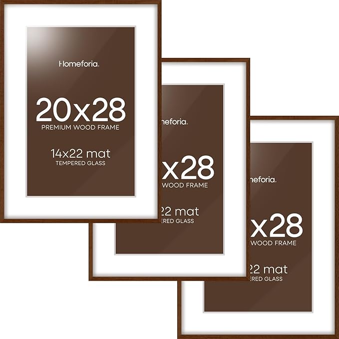 Homeforia 20x28 Picture Frame Brown, High End Dark Oak 20x28 Walnut Wooden Poster Frames with Mat 14x22, 20 x 28 Wood Frame Matted to 14 by 22, 28x20 Hanging Frames, Tempered Glass, Wall Kit, Set of 3