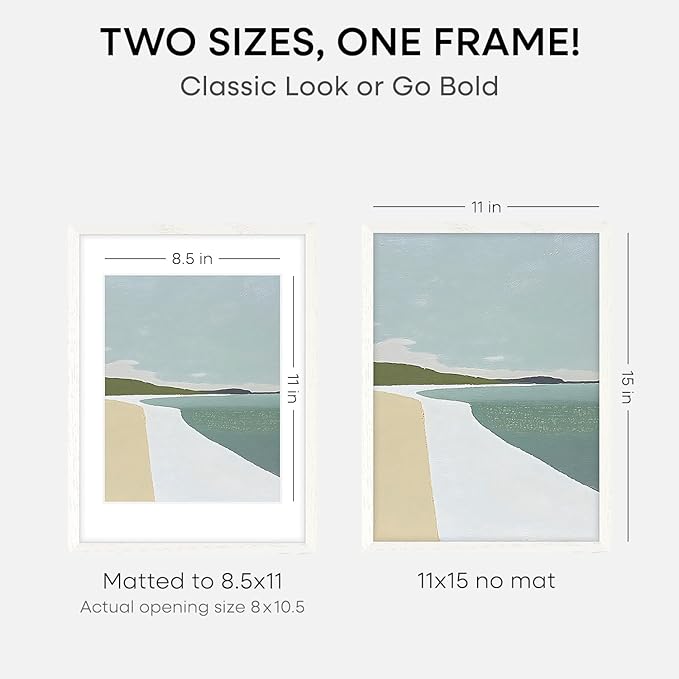 Homeforia White Frame 11x15 Wood, High End Oak 11x15 Picture Frames with Mat 8.5x11, 11 x 15 White Wooden Poster Frames Matted to 8.5 x 11 inch Photo, 15by11 Frames, Tempered Glass, Wall Kit, Set of 2