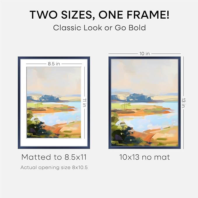 Homeforia 10x13 Picture Frame Navy Blue, High End Metal 10x13 Wall Hanging Frame with Mat 8.5x11, 10 x 13 Poster Frames Matted to 8.5 x 11 inch Photo, 10by13 Frames, Tempered Glass, Wall Kit, Set of 1
