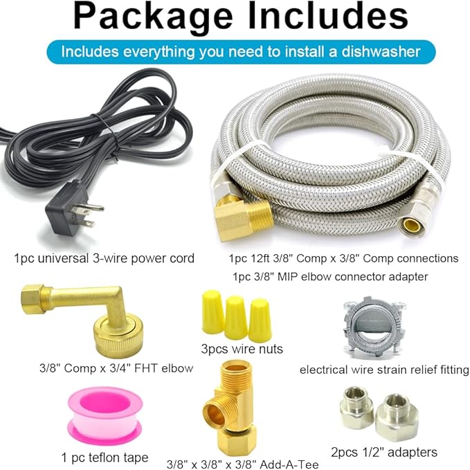 Universal Dishwasher Installation Kit,12 Ft Stainless Steel Dishwasher Hose,Burst Proof Water Supply Line with 3/8" Compression Connections