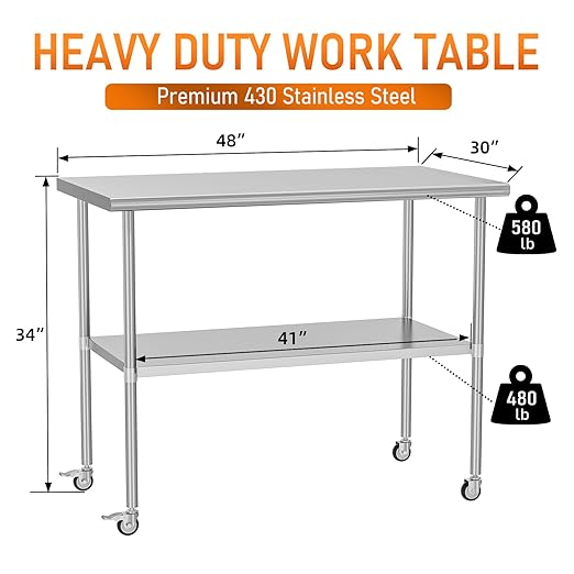 Stainless Steel Table with Wheels 30" x 48" Utility Worktable with Adjustable Undershelf for Commercial Kitchen, Garage, Restaurant