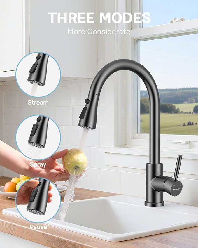 WEWE Kitchen Faucet with Pull Down Sprayer and Soap Dispenser, Stainless Steel Kitchen Sink Faucets, 3-Mode High Arc Single Handle Faucet for RV Farmhouse, Matte Gray