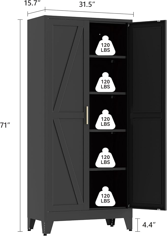 71" Tall Pantry Cabinet, White Metal Pantry Storage Cabinet, Kitchen Pantry Storage Cabinets with 2 Door and 4 Adjustable Shelves (Black, 71" H)