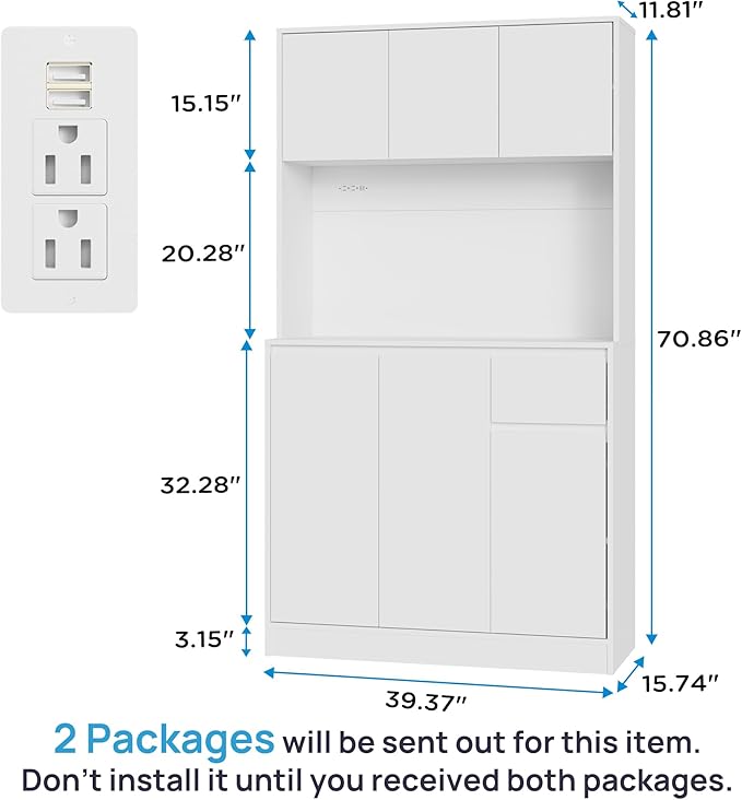 71" Tall White Kitchen Pantry Cabinet with 6 Doors & Power Outlet, Freestanding Storage Hutch with Countertop, Adjustable Shelves for Dining Room, Laundry Room