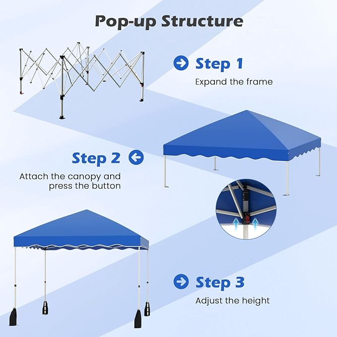 Tangkula 10x10 FT Pop Up Canopy, UPF50+ Easy Set up Instant Tent with Wheeled Bag, 8 Stakes, 4 Anchors, 4 Wind Ropes, 4 Sandbags, Heavy Duty Outdoor Canopy Tent 10x10 for Patio Party Backyard (Blue)