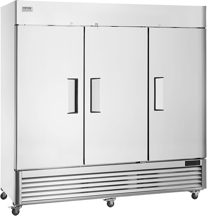 VEVOR Commercial Freezer 60.42 Cu.ft, Reach In 82.5" W Upright Freezer 3 Doors, Auto-Defrost Stainless Steel Reach-in Freezer with 12 Adjustable Shelves, -13 to 5℉ Temp Control, LED Lighting, 4 Wheels