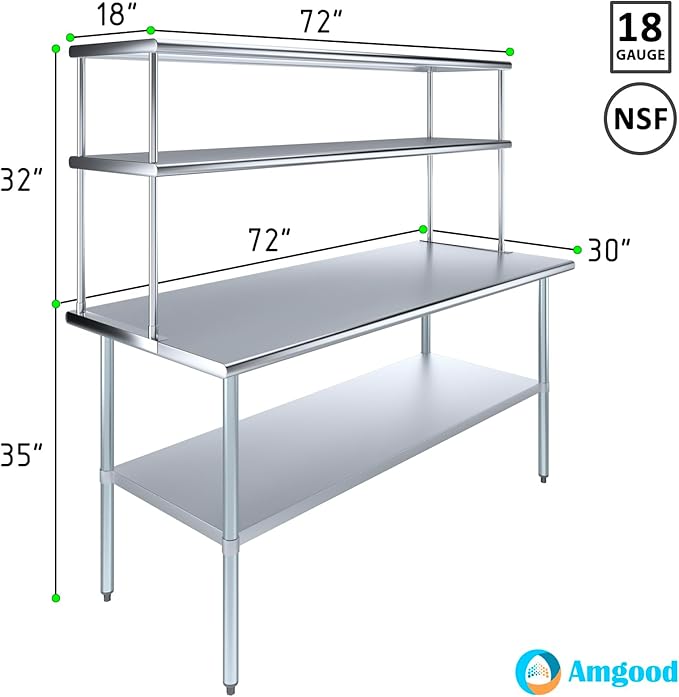 Amgood Stainless Steel Work Table Double Tier Overshelf | 30" x 72" Work Table + 18" Overshelf