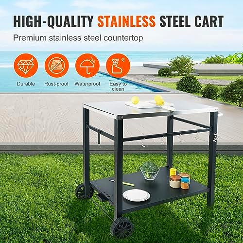 VEVOR Outdoor Grill Cart with Double-Shelf, BBQ Movable Food Prep Table with PVC Placemat, Black Iron Table Top, Portable Modular Carts for Pizza Oven, Worktable with 2 Wheels, Carry Handle