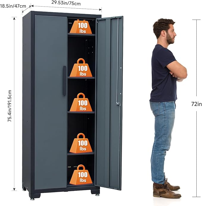 Metal Garage Storage Cabinet with 4 Adjustable Shelves and Locking Doors 75-inch Tall Tool Organizer Steel Lockers for Home, Office, Warehouse, Garage, 1Pc (Assembly Required)