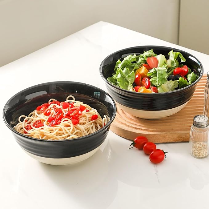 HASENSE Porcelain Serving Bowls, 60 oz Salad Mixing Bowls Set of 2, 8.5 Inch Large Serving Dishes for Entertaining, Perfect for Salad, Soup, Pasta, and More, Dishwasher Microwave Safe, Black
