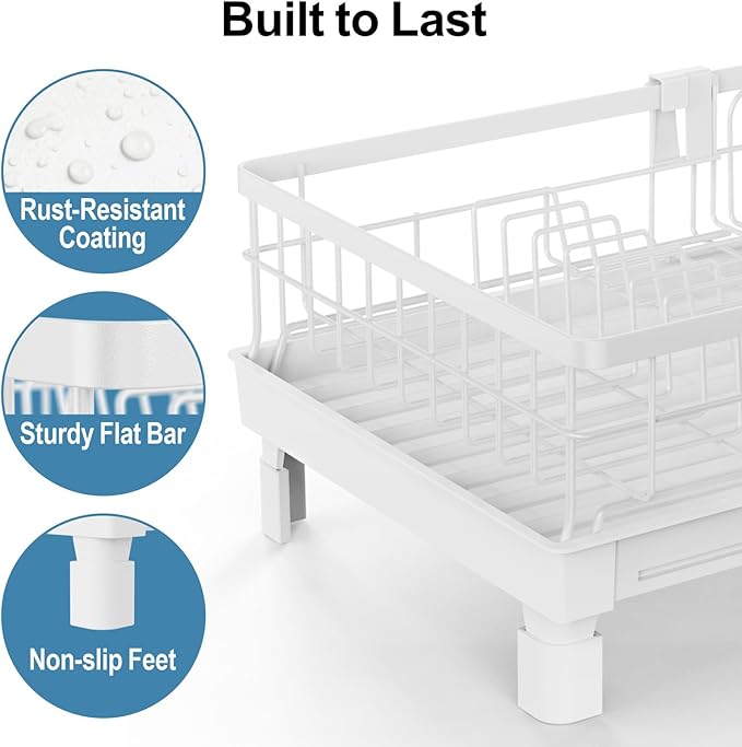 GSlife Expandable Dish Drying Rack for Kitchen Counter - Compact Rust-Resistant Dish Racks with and Cup Holder for Small Apartment, 12.2" W x 12"-19.5" L, White