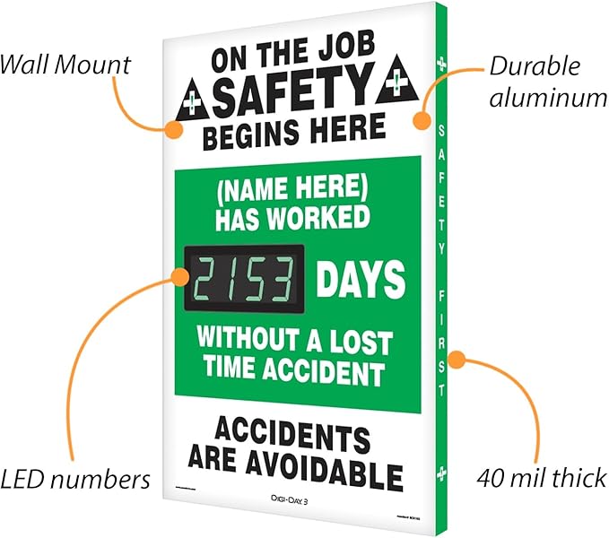 SmartSign "On The Job Safety - Add Your Name Here, Has Worked_ Days Without Accident" Custom Electronic Safety Scoreboard | 20" x 28", Made in USA