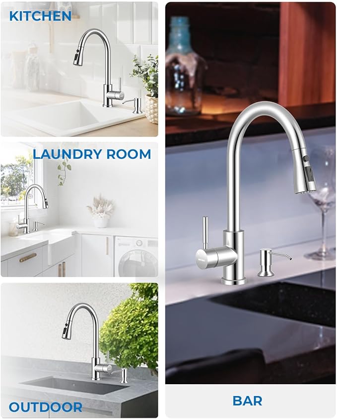 WEWE Kitchen Faucet with Pull Down Sprayer and Soap Dispenser, Stainless Steel Kitchen Sink Faucets, 3-Mode High Arc Single Handle Faucet for RV Farmhouse, Polished Chrome