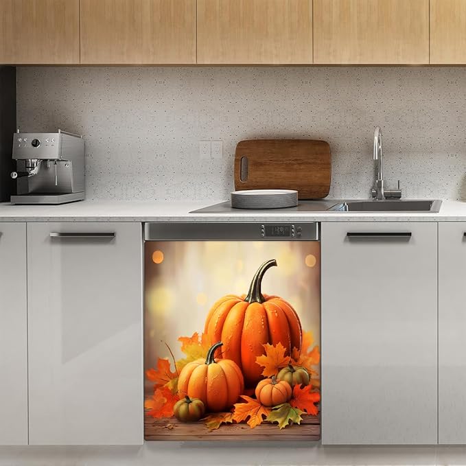 Fall Maple Leaf Pumpkin Dishwasher Magnet Cover Magnetic Dishwasher Decorative Cover Front Dishwasher Door Covers Reuseable Dishwasher Covers Panel for Kitchen Refrigerator Home Appliances 23" X 26"