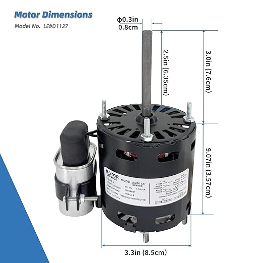9721, D1127 Refrigeration Fan Motor Replaces Fasco Blower D1101 1126 Century 9650 AO Smith 9656 Bohn 25309101 5008, 1/12HP, 1/15, 1/20HP, 3.3in 1550RPM 115/230V, 60Hz 1.1/0.6A PD1127 EM1127