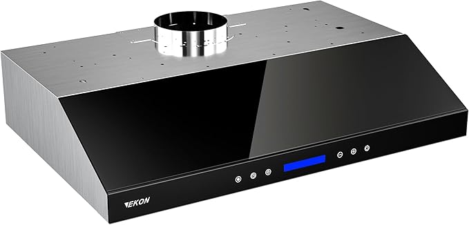 EKON 30 Black New inches Under Cabinet Range Hood, 900 CFM Stainless Steel Kitchen Chimney Vent, 4 Speed Touch Screen Control With Remote 2Pcs 3W LED lights Dishwasher-safe Filters Fan Timer