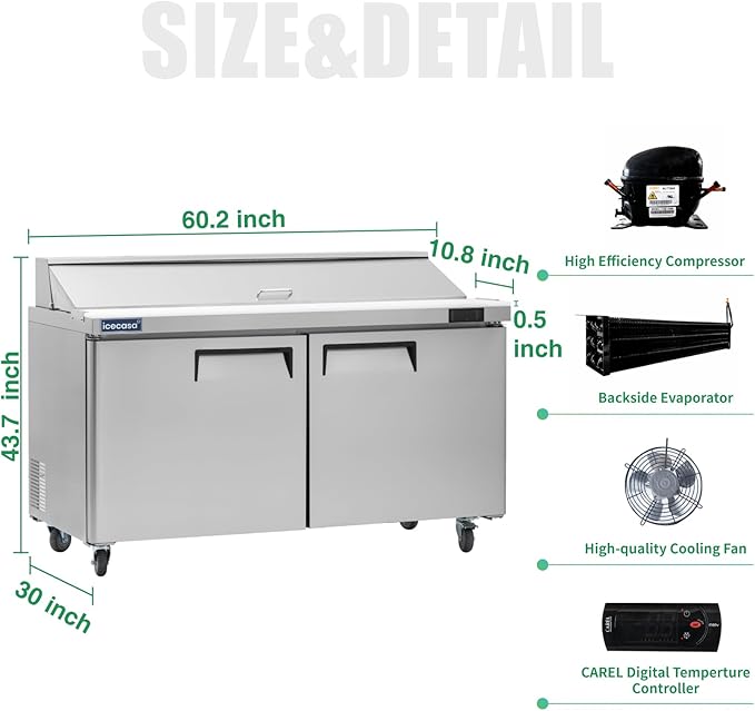 ICECASA 60" W Commercial Refrigerator Sandwich&Salad Prep Table single Door Stainless Steel Counter Fan Cooling Refrigerator with 16 pans-60 Inches for Restaurant, Bar, Shop, etc