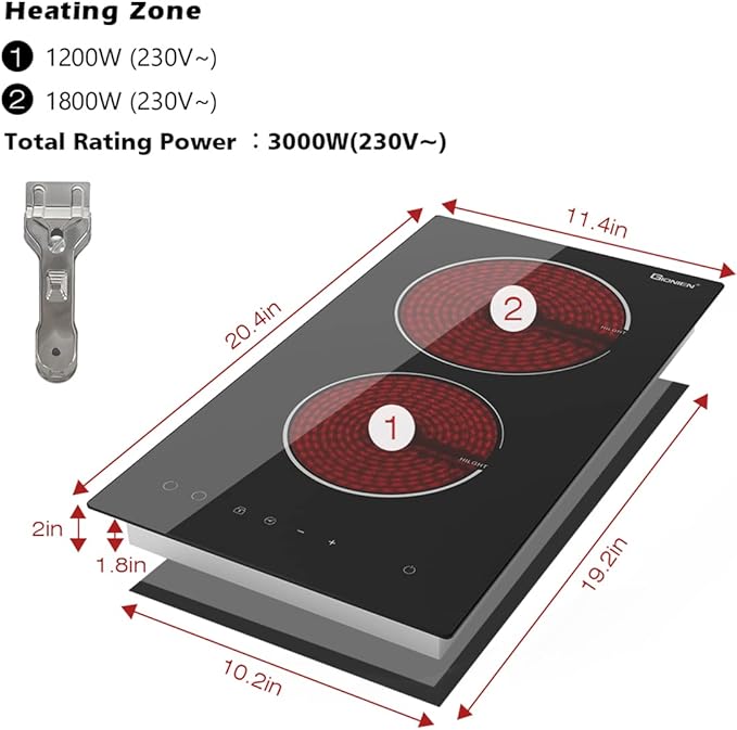 GIONIEN Electric Cooktop 2 Burners 220V~240V, Built-in 12 Inch Ceramic Burners, Double Glass Stove Top, Apartment Size Electric Radiant Cooktop with Hard Wire,3000W,No Plug